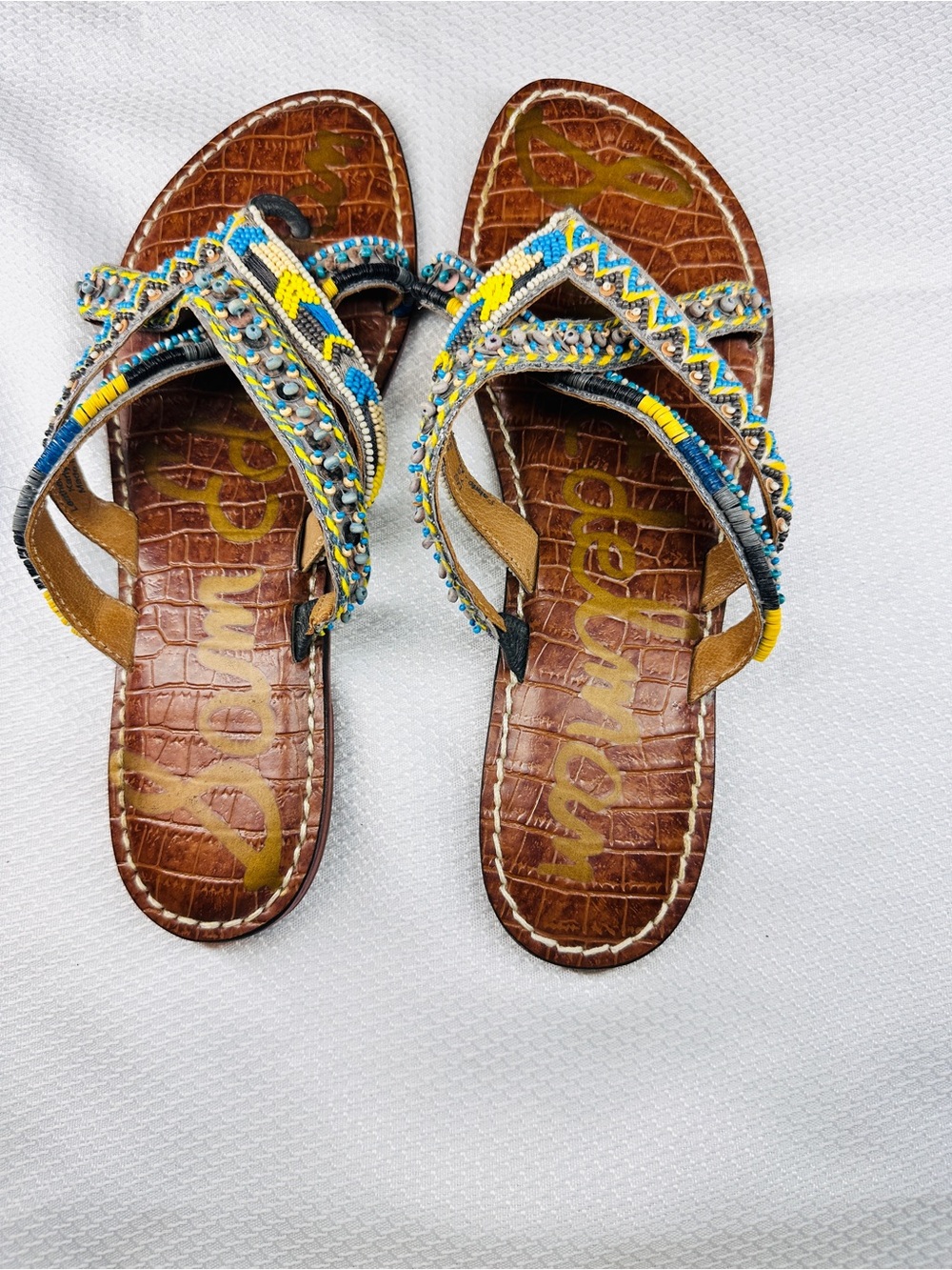 Sam Edelman Brown Beaded Sandals with Blue & Yellow Accents